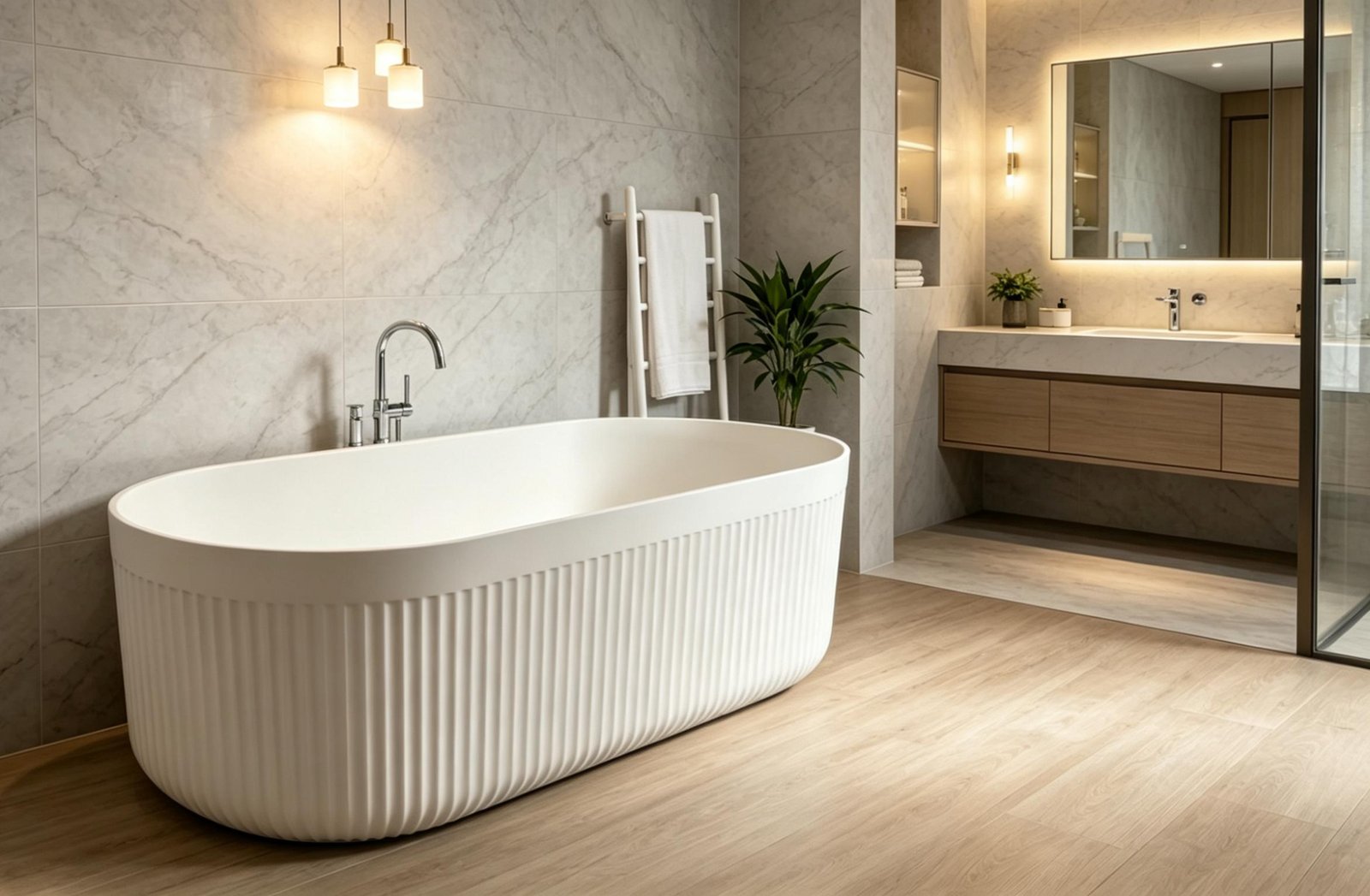 Luxury Freestanding Fluted Bathtub | Solid Surface Soaking Tub X-TGD01 - Image 3