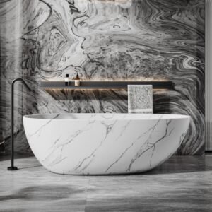 Luxury Marble Effect Freestanding Bathtub | Solid Surface Soaking Tub X-DGB03W